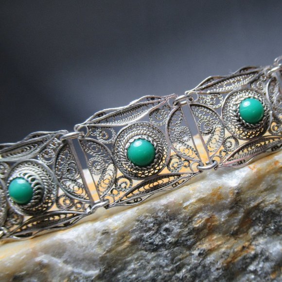 Green Turquoise Filigree Cuff Bracelet, Sterling & 800 Silver - Picture 1 of 5